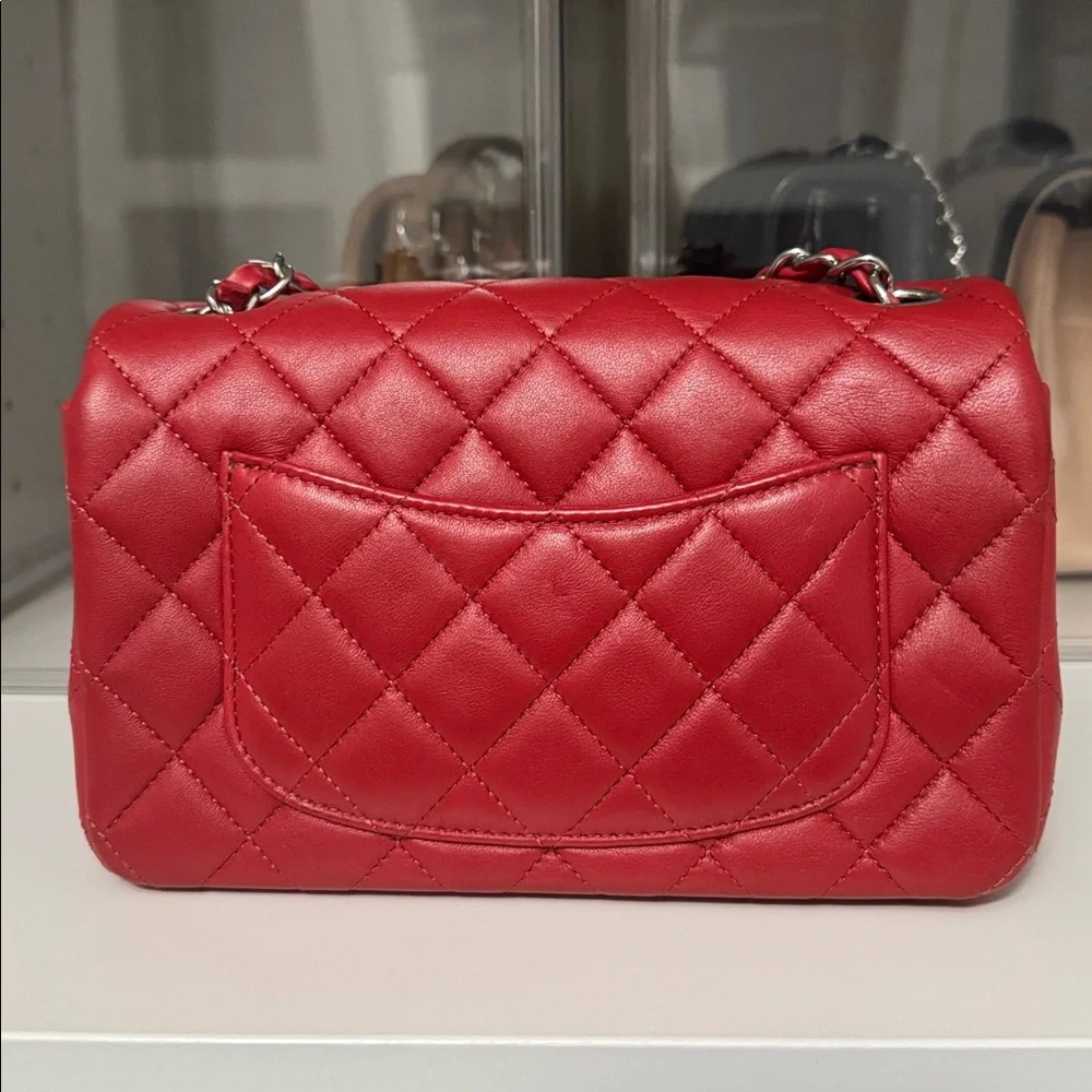 Authentic Chanel Classic Red Quilted Rectangle Mini Lambskin Bag